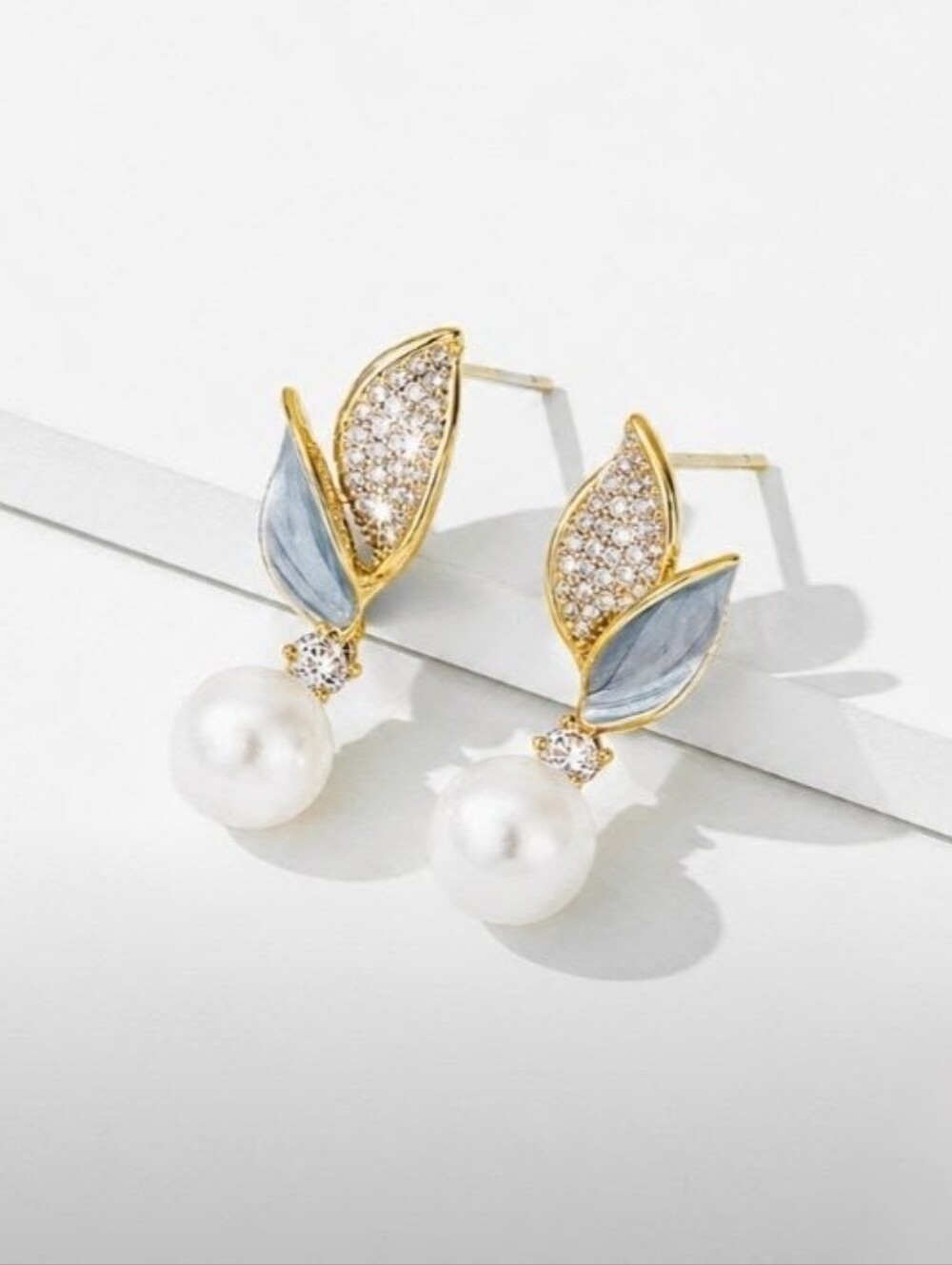 Pearl & Diamond Gold Leaf Earrings